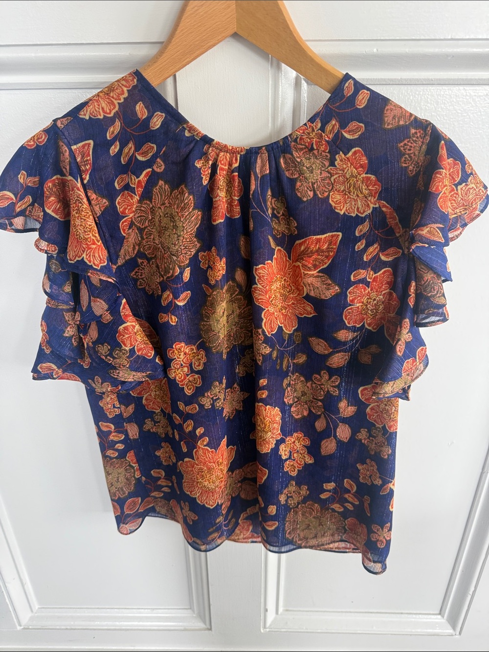 Misa Los Angeles - Floral Ruffle Sleeve Blouse - Navy with Orange Floral